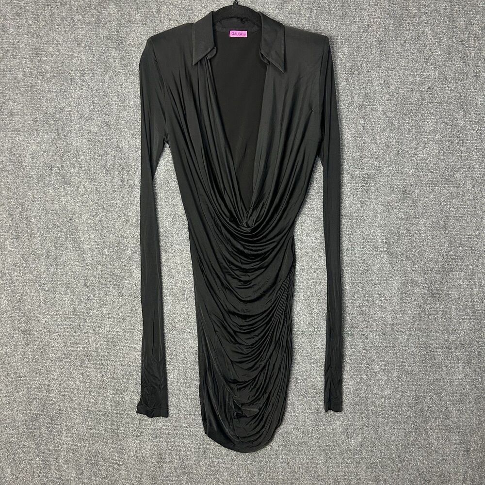 Gauge81 Black Draped Ruched Mini Dress Womens S Long Sleeve Cowl Neck Sexy